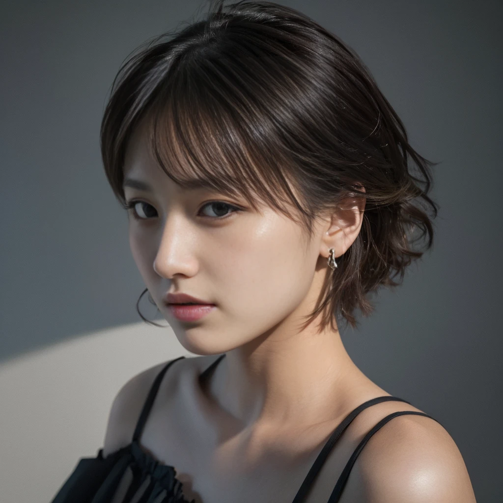 Best quality, masterpiece, ultra high res, (photorealistic:1.5), raw photo, 1girl, offshoulder, in the dark, deep shadow, low key, cold light, sexy look, short hair, front teeth, troubled face,