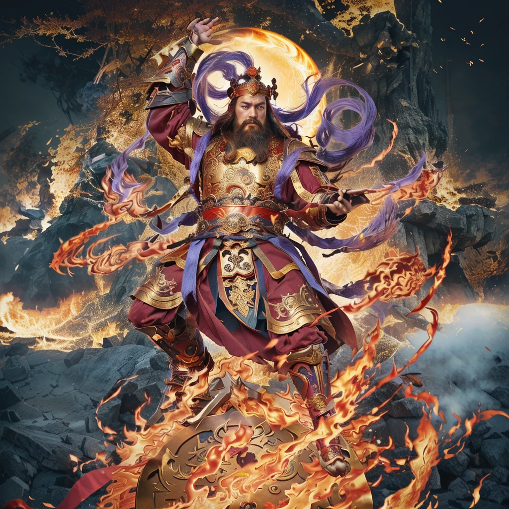 a fierce warrior, holding a sword, fire, asura from chinese myth, maroon beard and hair, purple deity ribbon, standing on huge golden wheel, 3 eyes, ancient chinese armour, taoist priest, taoist master, small crown,   realistic fire