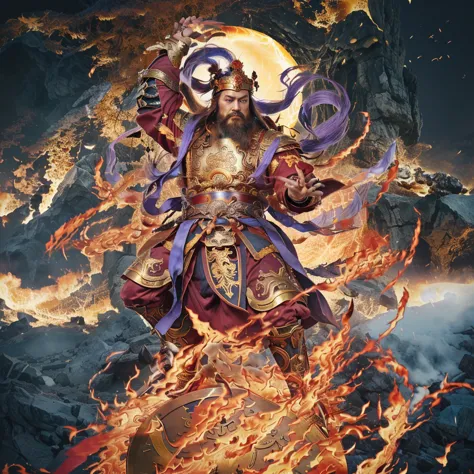 a fierce warrior, holding a sword, fire, asura from chinese myth, maroon beard and hair, purple deity ribbon, standing on huge g...
