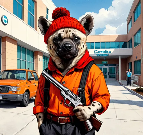 White Hyena, two Circle Eye, small black Pupil, pug mouth, Black beanie, red scarf, shirt, orange shirt, collared shirt, buttons...