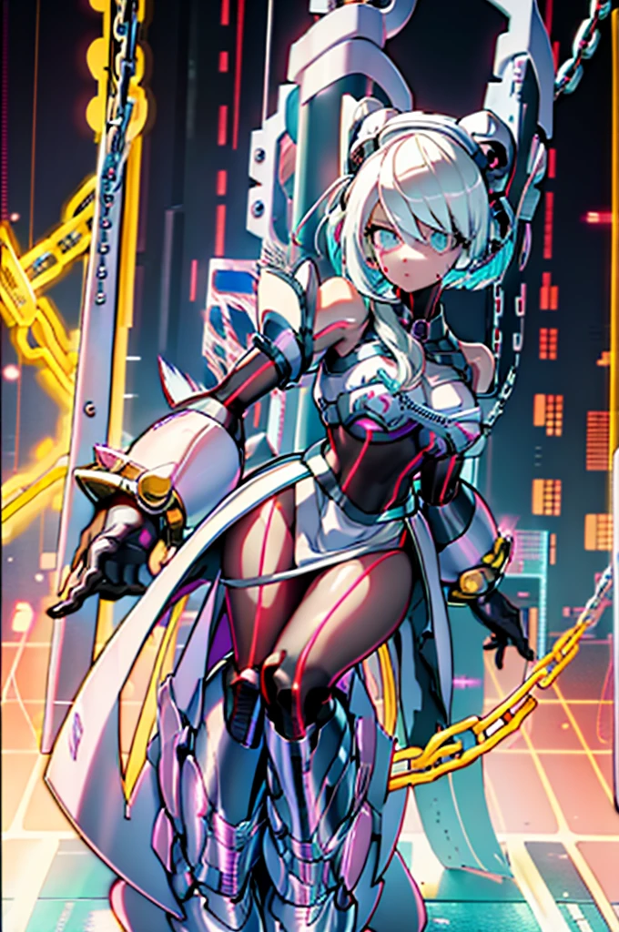 Android Girl,white hair,short and messy hair, purple neon eyes, Holding a chain whip,chains on the hands,chains action, chains around her arm, very cute, skirt, white blouse, cyberpunk theme