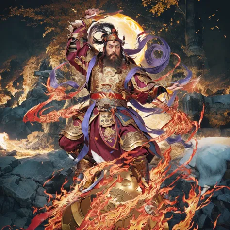 a fierce warrior, holding a sword, fire, asura from chinese myth, maroon beard and hair, purple deity ribbon, standing on huge g...