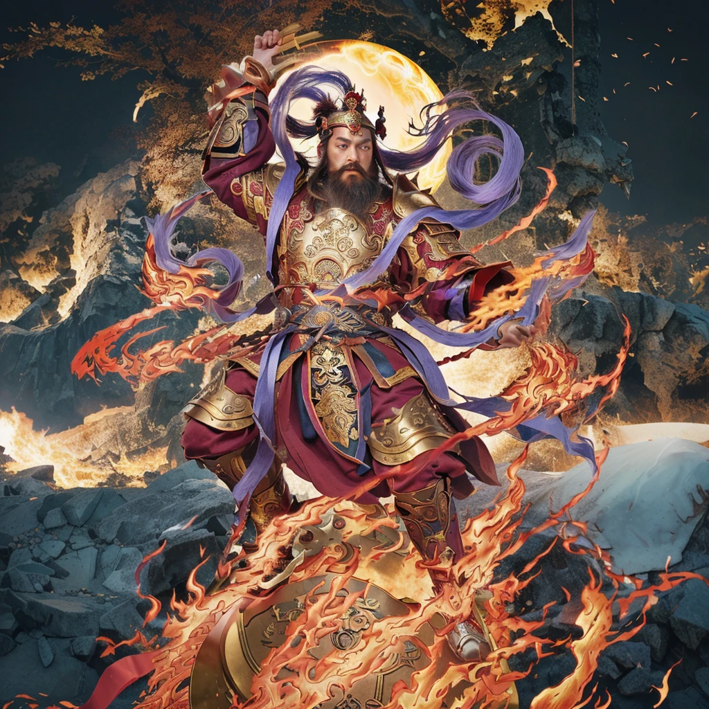 a fierce warrior, holding a sword, fire, asura from chinese myth, maroon beard and hair, purple deity ribbon, standing on huge golden wheel, 3 eyes, ancient chinese armour, taoist priest, taoist master, small crown,   realistic fire