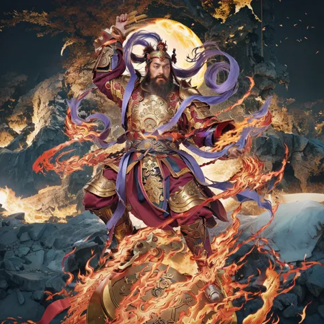 a fierce warrior, holding a sword, fire, asura from chinese myth, maroon beard and hair, purple deity ribbon, standing on huge g...