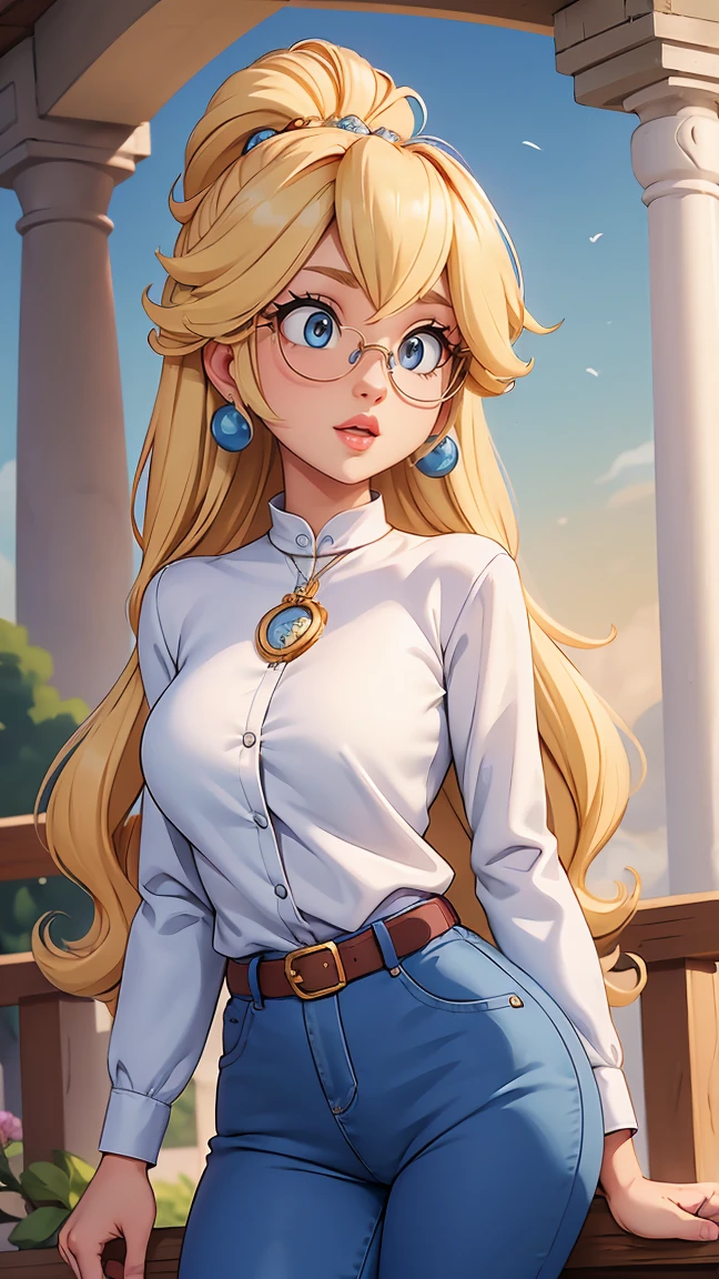 Create a character named Olivia, a 20-year-old aromatherapist specializing in essential oils, with 1,70 meters high and 50kg, white. golden blonde with wavy hair. side hairstyle, at shoulder height, Brown eyes , wears round brown glasses, she is gentle and delicate, wears a light blue shirt, blue jeans with a brown belt and a white long-sleeved doctor&#39;s coat. she has a golden wedding ring on her left ring finger and wears a necklace with a golden crucifix. make her look at the camera, com fundo branco.
