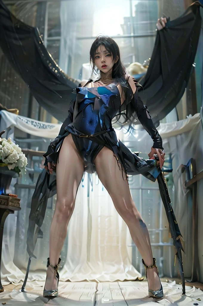 A 30-year-old Asian female gladiator poses for a photo，Tall and sexy，Mature and charming，Lewd exposure ，Sweaty and sweaty，Shiny muscle lines，Large Breasts，Big Ass，Camel toe，Nipple protrusion，Having sparse body hair，NSFW，Release liquid，Wear sexy super high heel boots，The charming and seductive queen holding a big sword