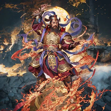 a fierce warrior, holding a sword, fire, asura from chinese myth, maroon beard and hair, purple deity ribbon, standing on huge g...