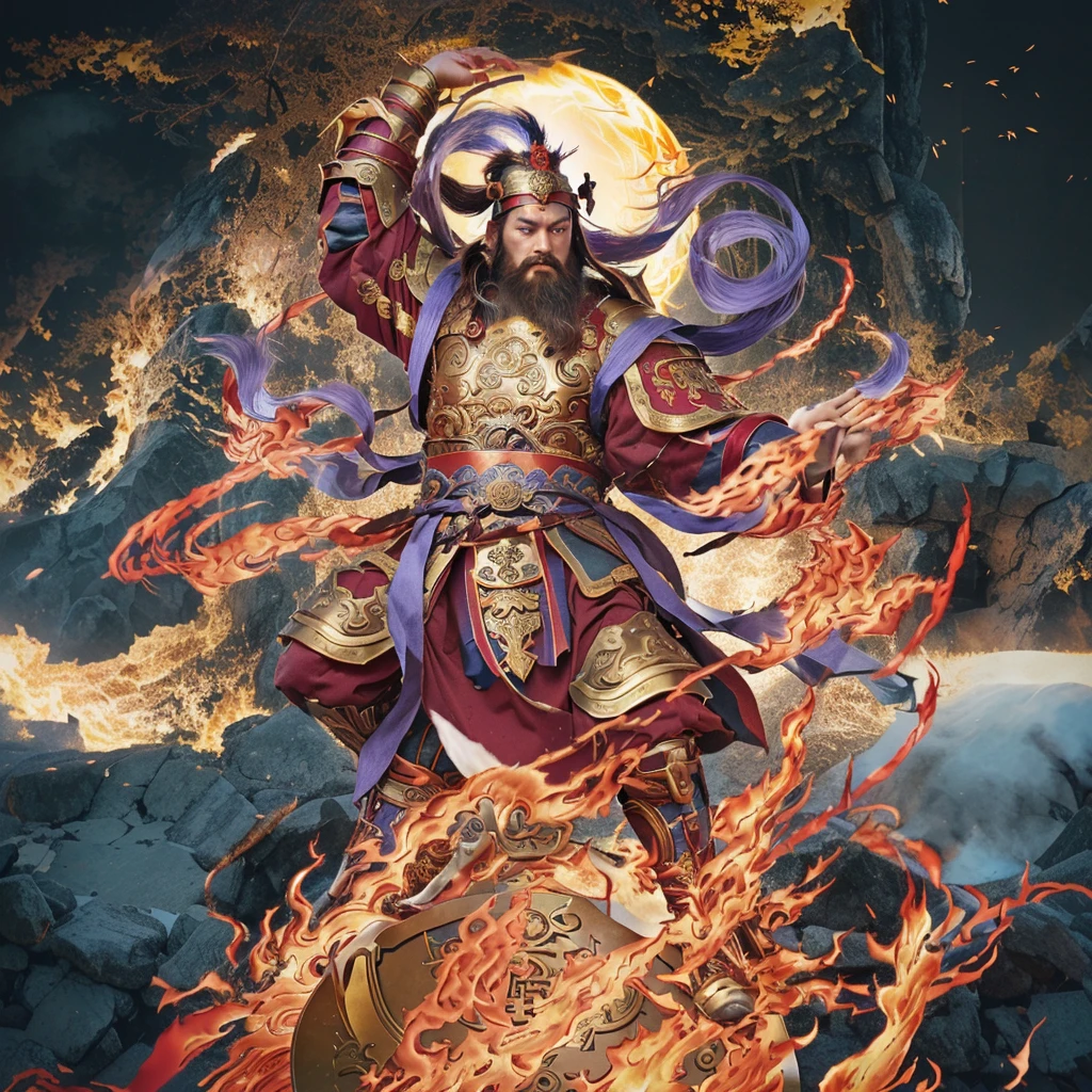 a fierce warrior, holding a sword, fire, asura from chinese myth, maroon beard and hair, purple deity ribbon, standing on huge golden wheel, 3 eyes, ancient chinese armour, taoist priest, taoist master, small crown,   realistic fire