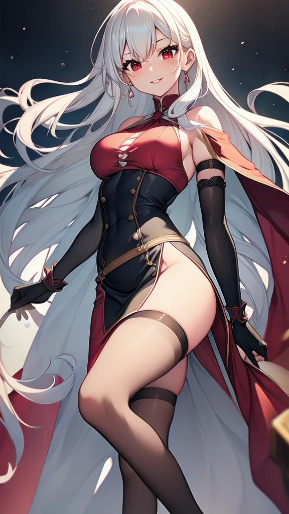 (masterpiece, best quality, ultra-detailed, best shadow), solo girl, white hair, red eyes, long hair, medium breasts, sexy body and face, wavy hair, smile, parted lips, red lips, circlet, skirt, bridal gauntlets, jewelry, cape, bare shoulders, sandals, sleeveless dress, red cape, long sleeves, wide sleeves, side slit, white dress, detached sleeves, turtleneck, ribbon, pink dress, fingerless gloves, cafe, sexy pose, cowboy shots, sharp focus, vibrant, creative, dynamic, high definition, high resolution, 8k, (Upscale: R-ESRGAN 4x+ Anime6mage enchance:4x), voluptuous body, cinema lightning, dakimakura style, looking at the viewer,