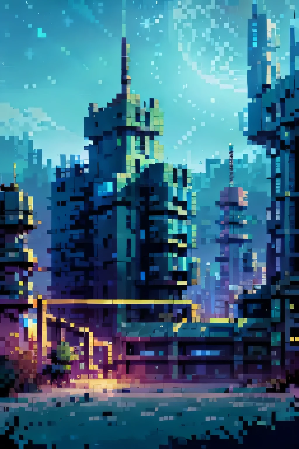 Lucy cyberpunk viendo el landscape de una ciudad en Ruins, bottom: futuristic city, image quality: high resolution, aspect ratio: 16:9, energy: media, Size: Big, Type of light: gloomy, pixel art, pixelated, Best Quality, cyberpunk world, landscape, Ruins