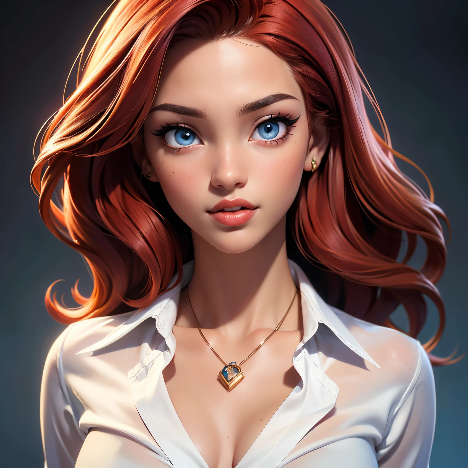 (uma jovem ruiva sexy, corpo perfeito, posando com uma camisa social semiaberta, modelo, colar, Estágio, Salão de luxo),(pintura a óleo),(rosto detalhado ,olhos lindos, lábios detalhados),(melhor qualidader, Alta resolução:1.2),(realista),(retratos),(cores vibrantes),(iluminação suave) 22 anos, alegre