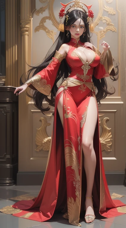 (((Full and soft breasts,)))(((Huge breasts))) (((Cleavage))) (Perfect curvy figure)Beautiful female full body picture Unreal Engine 5 8K UHD, Red Vietnamese clothing, goddess, Red high heels, Long black hair with gold accessories, Cute face, Beautiful makeup, best quality, masterpiece