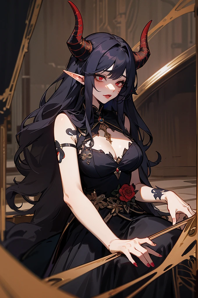 1girl, thirty years old, monster woman, black horns, solo, tavern, extremely delicate and seductive, mature, long and large soothsayer dress, deep red eyes, mid-lenght white wavy hair, elf ears, delicate skin, lipstick, makeup, mature female, dark dress with cape, black dress, embroidery, mystic atmosphere, masterpiece, best quality, 8K, luth instrument