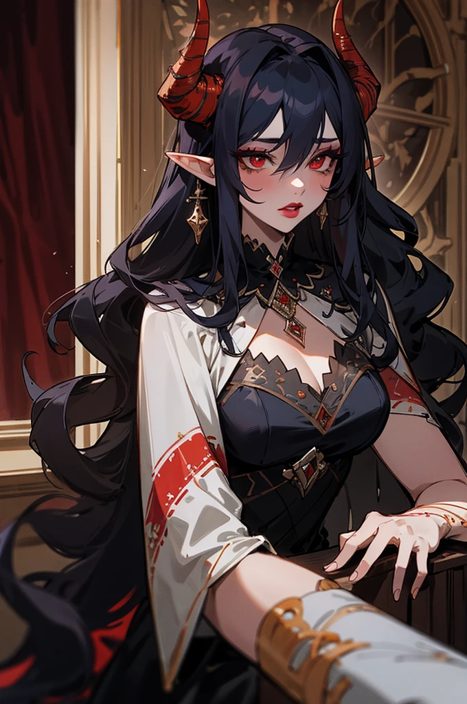 1girl, thirty years old, monster woman, black horns, solo, tavern, extremely delicate and seductive, mature, long and large soothsayer dress, deep red eyes, mid-lenght white wavy hair, elf ears, delicate skin, lipstick, makeup, mature female, dark dress with cape, black dress, embroidery, mystic atmosphere, masterpiece, best quality, 8K, luth instrument