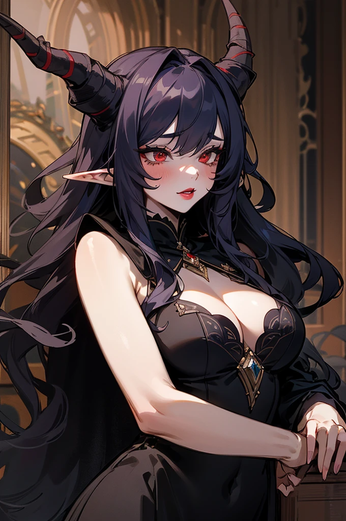 1girl, thirty years old, monster woman, black horns, solo, tavern, extremely delicate and seductive, mature, long and large soothsayer dress, deep red eyes, mid-lenght white wavy hair, elf ears, delicate skin, lipstick, makeup, mature female, dark dress with cape, black dress, embroidery, mystic atmosphere, masterpiece, best quality, 8K, luth instrument