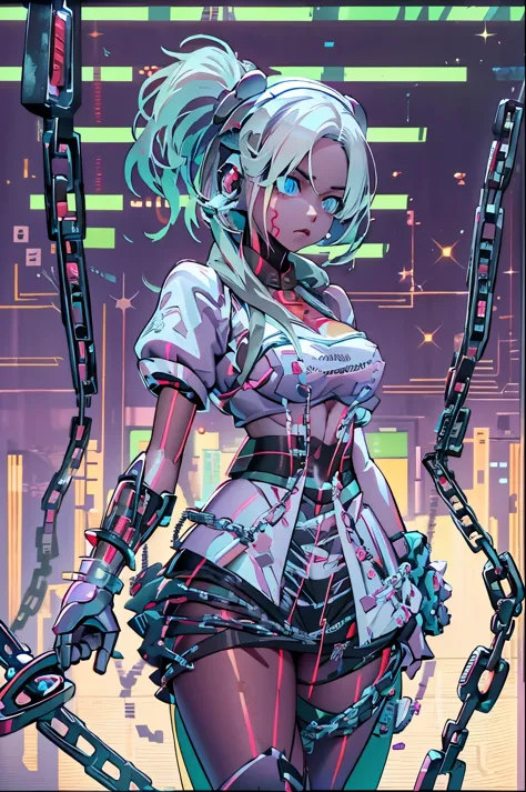 android girl,white hair,short and messy hair, purple neon eyes, holding a chain whip,chains on the hands,chains action, chains a...