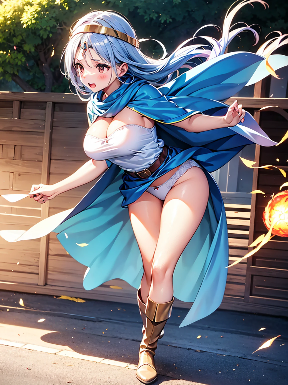 (A woman is shooting fireballs from the palm of her hand, Cast a spell, Windでスカートがめくれてパンティが見えている, White panties:1:3), Beautiful Anime Woman, Beautiful art style, Anime characters, ((Smooth texture, Realistic texture, アニメCGWind)), ((Highest quality)), (Very detailed), (Very detailed CG 統合 8k 壁紙), Very detailed, High-resolution RAW color photos, Professional photography, masterpiece, Highest quality, beautiful and big breasts, Slender body, (Stunningly beautiful woman), (Detailed face:1.2), (Blue Hair, White Dress, White mini skirt, belt, Red eyes, Circlet, boots, Blue Cape), Outdoor, nature, Wind, Perfect lighting, Perfect Shadow, Exact number of arms, Exact number of legs, Perfect Anatomy, Exact finger count、Exact number of legs、(Exact number of arms:1.0, Exact number of hands:1.0), (Perfect hands, Perfect Anatomy), (Embarrassed expression), Angle from the front, Dragon Quest, wise