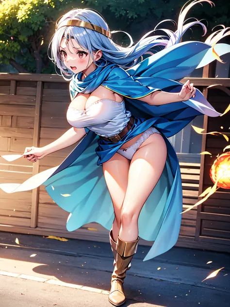 (a woman is shooting fireballs from the palm of her hand, cast a spell, windでスカートがめくれてパンティが見えている, white panties:1:3), beautiful ...