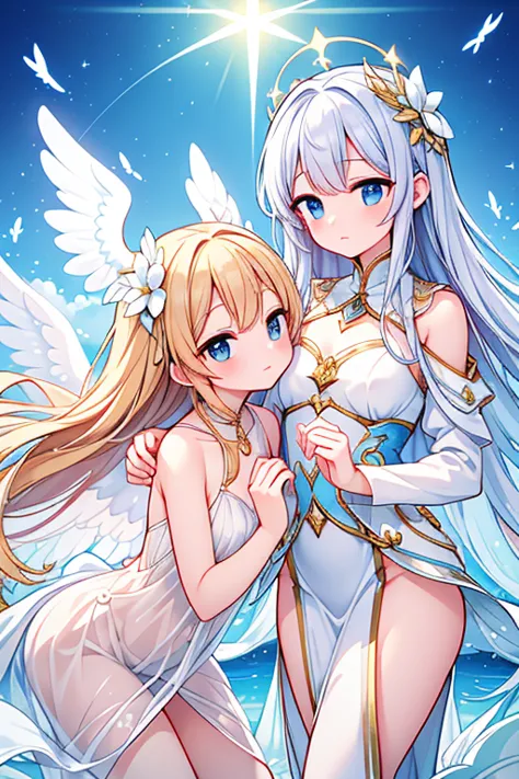 best quality,ultra detailed,two beautiful angelic friends,soft and bright light,angelic wings,ethereal beauty,heavenly atmospher...