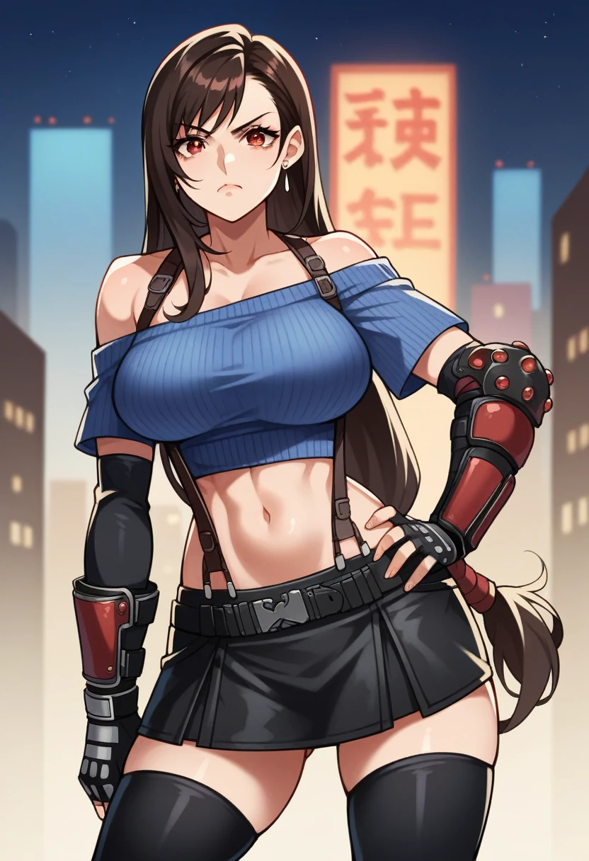 perfect eyes:1.2, detailed eyes:1.4, serious, hand on hip, night, city, metTifa, red eyes, low-tied long hair, earrings, cropped sweater, blue sweater, off-shoulder, midriff, short sleeves, suspender skirt, elbow gloves, fingerless gloves, armored legwear, medium full shot, thigh-level shot, 1girl,(masterpiece:1.6, best quality),
