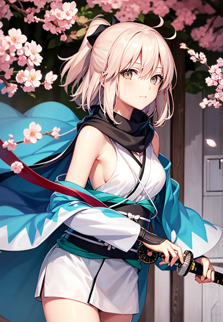 Best Quality, 1 girl, alone, okita_souji, white kimono, scarf, cowboy photography, outdoor, bare shoulders, bare shoulders, sleeveless, looking at the viewer, 