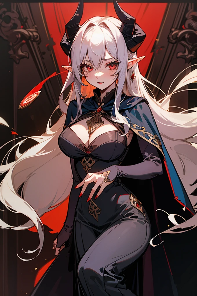 1girl, thirty years old, monster woman, black horns, solo, tavern, extremely delicate and seductive, mature, long and large soothsayer dress, deep red eyes, mid-lenght white wavy hair, elf ears, delicate skin, lipstick, makeup, mature female, dark dress with cape, black dress, embroidery, mystic atmosphere, masterpiece, best quality, 8K, luth instrument