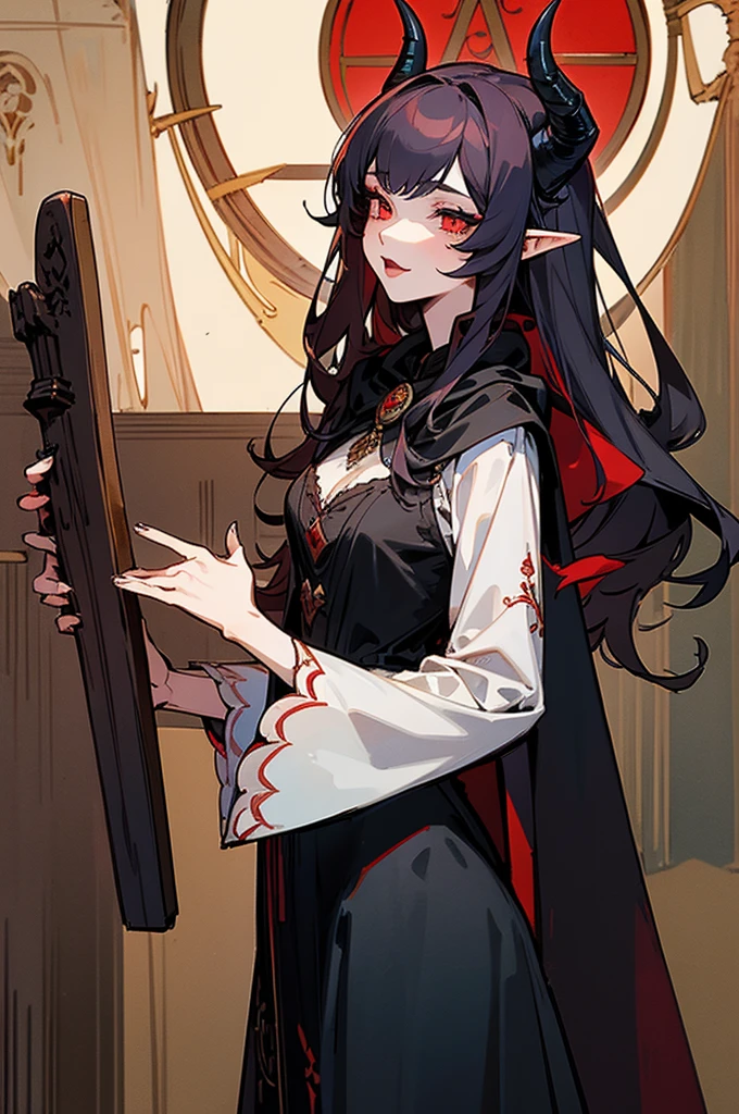 1girl, thirty years old, monster woman, little black horns, solo, medieval tavern, extremely seductive, mature, long and large soothsayer dress, deep red eyes, short white wavy hair, elf ears, delicate skin, lipstick, makeup, mature female, dark dress with cape, black dress, embroidery, mystic atmosphere, masterpiece, best quality, 8K, luth instrument