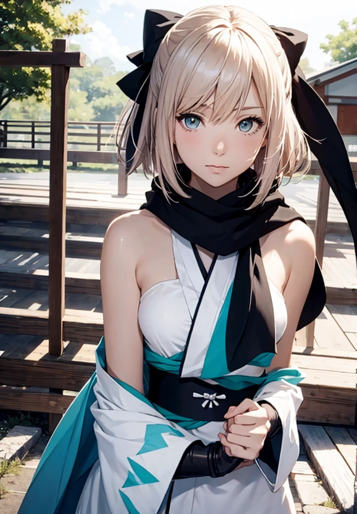 Best Quality, 1 girl, alone, okita_souji, white kimono, scarf, cowboy photography, outdoor, bare shoulders, bare shoulders, sleeveless, looking at the viewer, 