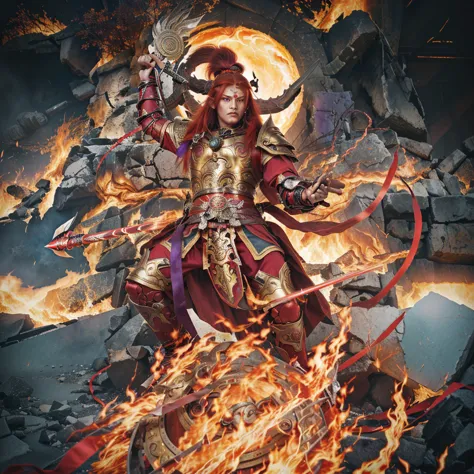 red hair asura (3 eyes) warrior look, ancient chiense armour, surrounded by fire, sending on a huge wheel, holding a metal whip ...