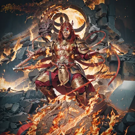 red hair asura (3 eyes) warrior look, ancient chiense armour, surrounded by fire, sending on a huge wheel, holding a metal whip ...