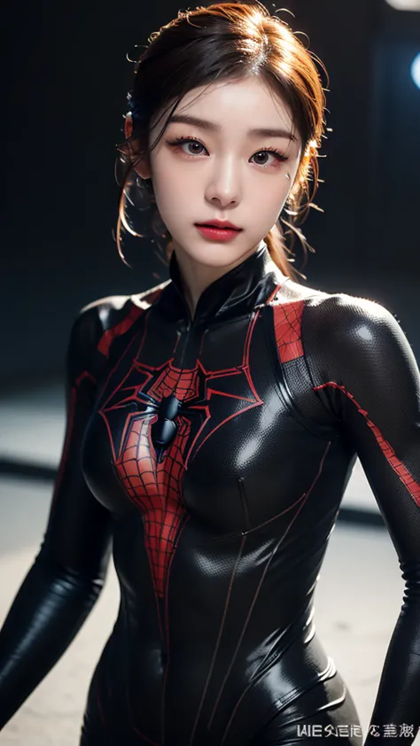 tmasterpiece,1 chinese girl，realisticlying，8k  uhd，high high quality，in the background bokeh, white and black spider-man suit，sp...