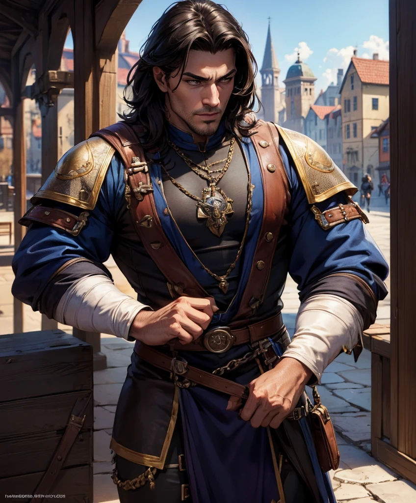 score_9, score_8_up, score_8,  (((Single character image.))) (((1boy))) (((Dressed in medieval fantasy attire.)))     (((This character is very sexy and dashing.))) Generate a daring, thrilling swashbuckler with a charm and style that is irresistible.  This is a character designed for a swashbuckler setting, near an exciting port town inhabited by dangerous thugs and other criminals.  He should be dashing, attractive and a charming and daring adventurer.  He wears stylish swashbuckler fashion with dark hair, dark features and a muscular build. (((Background of the image is the medieval style port town.))) (masterpiece, top quality, best quality, official art, beautiful and aesthetic:1.2), extreme detailed,  colorful, highest detailed,  best quality:1.0,hyperealistic:1.0,photorealistic:1.0,madly detailed CG unity 8k wallpaper:1.0,masterpiece:1.3,madly detailed photo:1.2, hyper-realistic lifelike texture:1.4, picture-perfect:1.0,8k, HQ,best quality:1.0, 