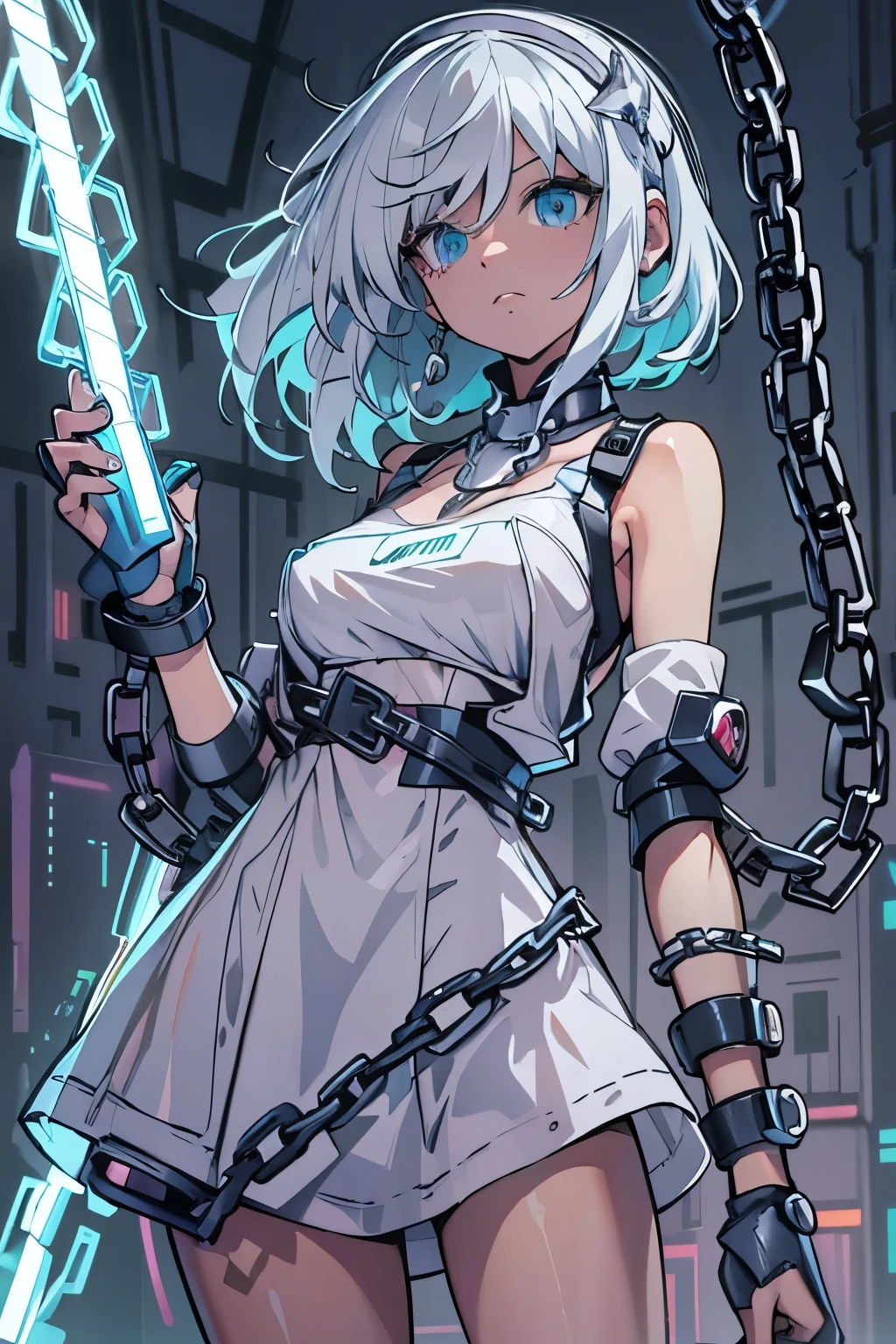 Android Girl,white hair,short and messy hair, purple neon eyes, Holding a chain whip,chains on the hands,chains action, chains around her arm, very cute, skirt, white blouse, cyberpunk theme