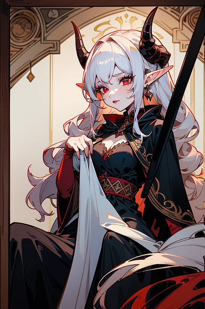 1girl, thirty years old, monster woman, little black horns, solo, medieval tavern, extremely seductive, mature, deep red eyes, short wavy hair, [White hair], elf ears, delicate skin, lipstick, makeup, mature female, dark dress with cape, black dress, embroidery, mystic atmosphere, masterpiece, best quality, 8K, luth instrument