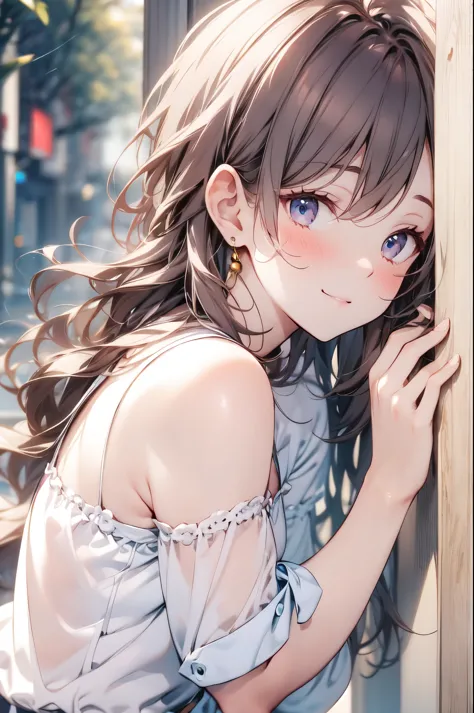 (masterpiece),highest quality, cute girl leaning on a wall, embarrassing, blush, intimate moments, cute, cropped shirt, looking ...