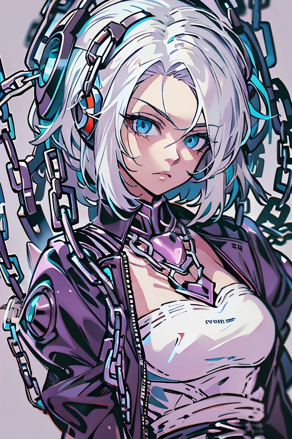 Android Girl,white hair,short and messy hair, purple neon eyes, Holding a chain whip,chains on the hands,chains action, chains around her arm, very cute, skirt, white blouse, cyberpunk theme