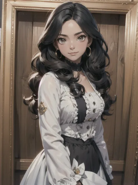 ((best quality)), ((masterpiece)), (detailed), 1girl, victorian years, curly black hair, chocolate brown eyes, big innocent-look...