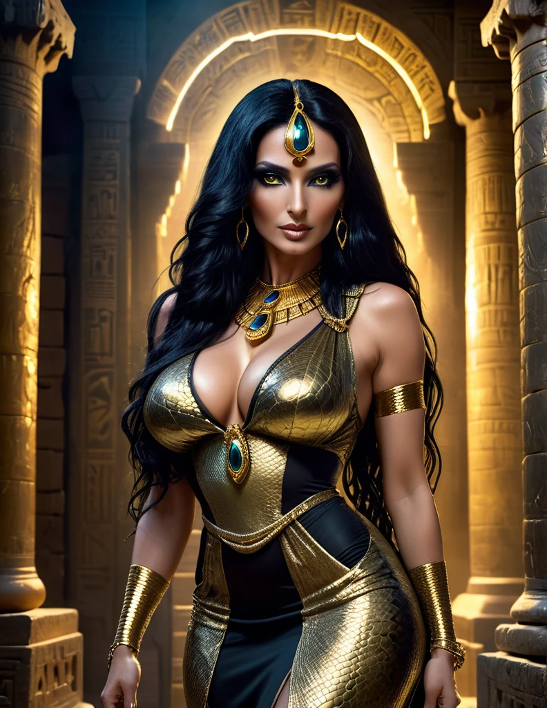 Meftys, a beautiful mature egyptian goddess with snake skin, long flowing black hair, glowing golden eyes with reptilian pupils, swollen lactating breasts, form-fitting translucent black and gold dress, adorned with ancient egyptian jewelry, standing in a mysterious ancient temple, dramatic gothic dominatrix vibes, intense cinematic lighting, supernatural 8k scene, breathtaking beauty and depth