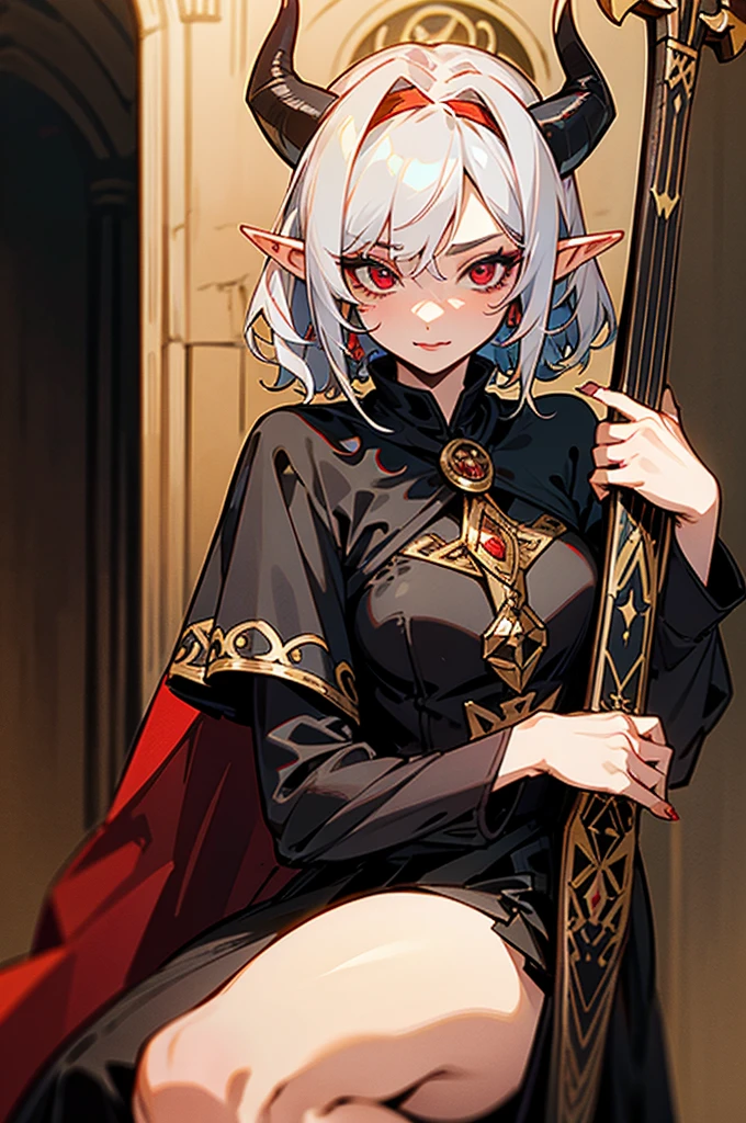 1girl, thirty years old, woman, little black horns, solo, in a medieval tavern, seductive, mature, deep red eyes, [Short hair], wavy hair, [White hair], androgyne, elf ears, delicate skin, lipstick, makeup, mature female, dark dress with cape, black dress, embroidery, mystic atmosphere, masterpiece, best quality, 8K, luth instrument