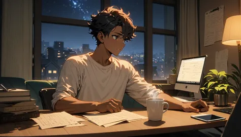 praise, male, Dark Skin, Black curly hair, comfortable, Note, coding, hacking, study, coffee, night, relax, room, High resolutio...