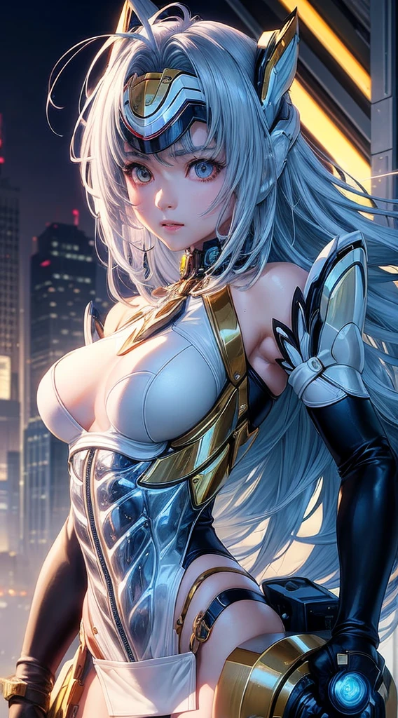 top-quality、​masterpiece、超A high resolution、(Photorealsitic:1.4)、女の子1人、Light blue hair、Straight hair, shiny and clean hair、White shiny skin、Sexy Cyberpunk Girl、((super realistic details))、Shadow、octan render、ultrasharp、hyperdetailed face、Fiberglass、Luminous tube、highly intricate detail、Realistic light、CGSoation Trends、((Golden Eyes))、(Facing the camera)、neon detailechanical limbechanical vertebrae attached to the back、mechanical cervical attaching to neck、Wires and cables connecting to the head、((valkyrie))、((Beam Cannon))、Combat stance