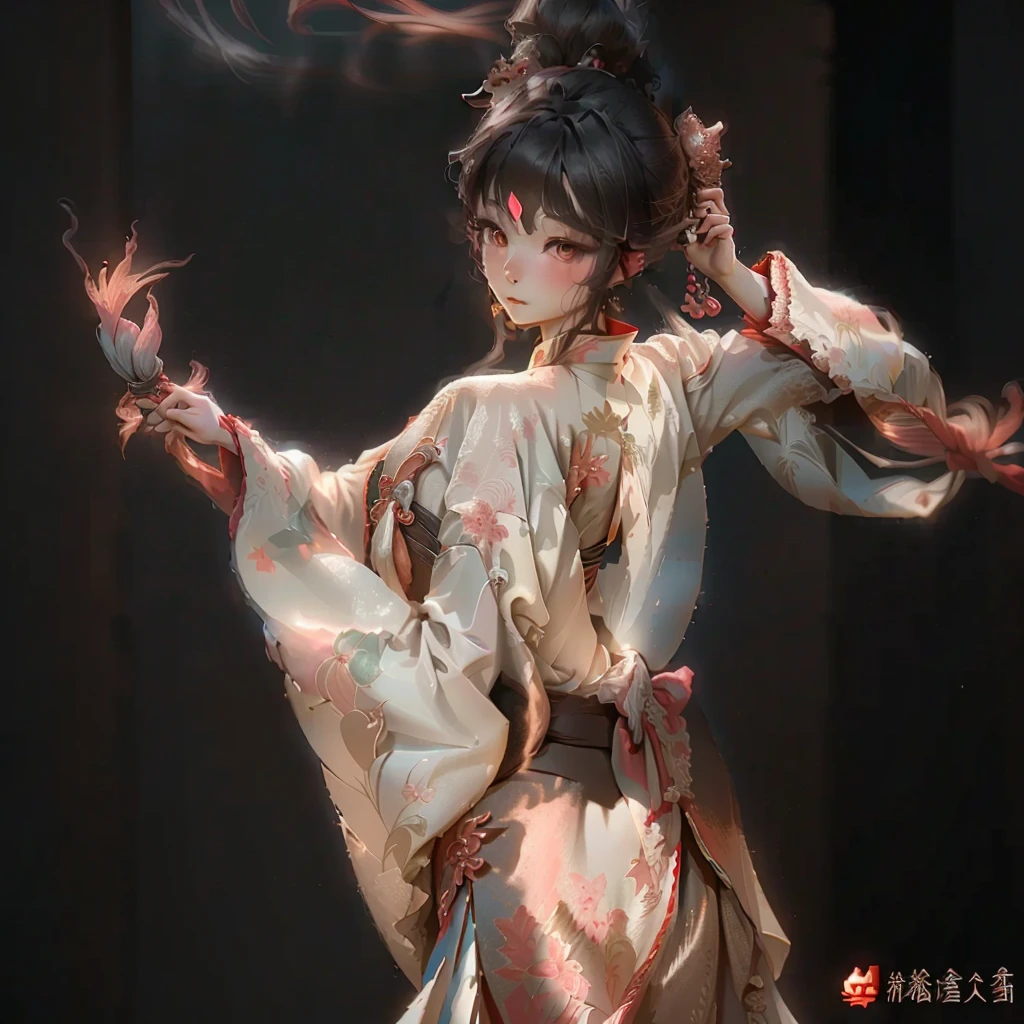  Girl wearing Hanfu, Dancing back，Dunhuang飞天，Dunhuang，Lighting，Side light，Clothes yarn，Flowing clothes，Metal jewelry，