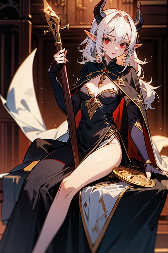 1girl, thirty years old, woman, little black horns, solo, in a medieval tavern, seductive, mature, deep red eyes, [Short hair], wavy hair, [White hair], androgyne, elf ears, delicate skin, lipstick, makeup, ghotic, mature female, dark dress with cape, black dress, mystic atmosphere, masterpiece, best quality, 8K, luth instrument