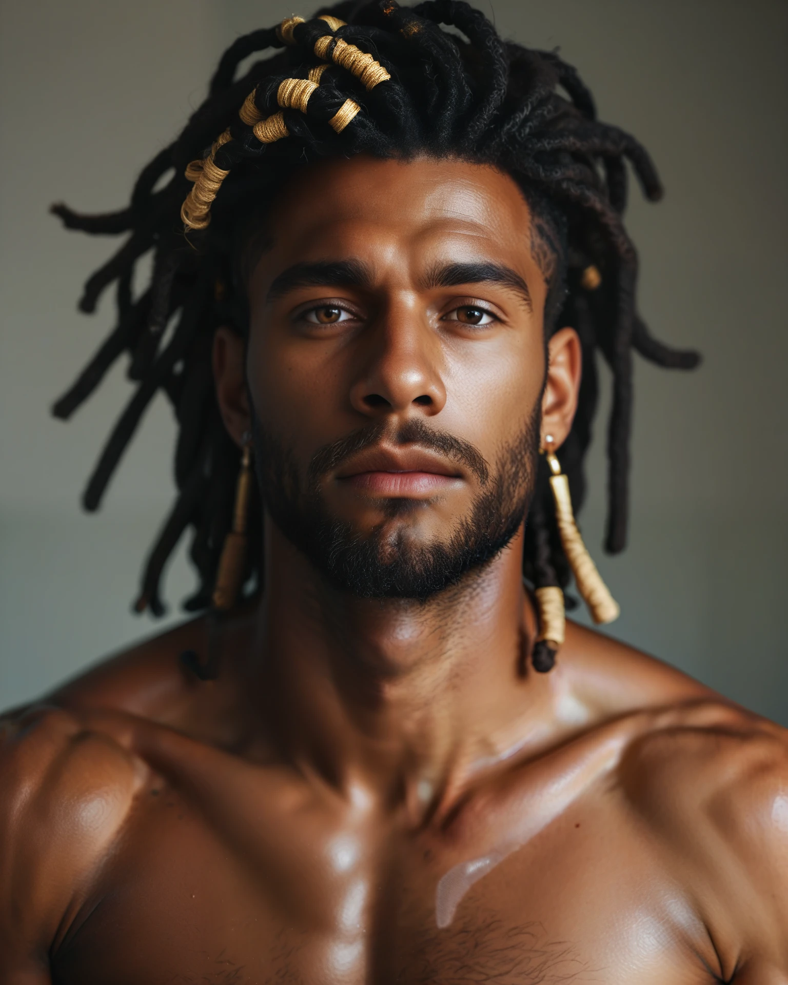 puntaje_9, puntaje_8_arriba, puntaje_8, puntaje_9, (zPDXL2), Clasificación XXX, Foto Real, Realista, un hombre hermoso, mirada penetrante, Rastas, barba, mostrando el pecho, hombre de piel oscura, GlamourShots_PDXL