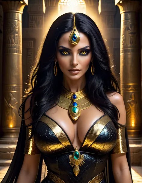 Egyptian sorceress, beautiful mature Egyptian goddess, snake skin, long flowing black hair, glowing golden eyes, reptilian pupil...
