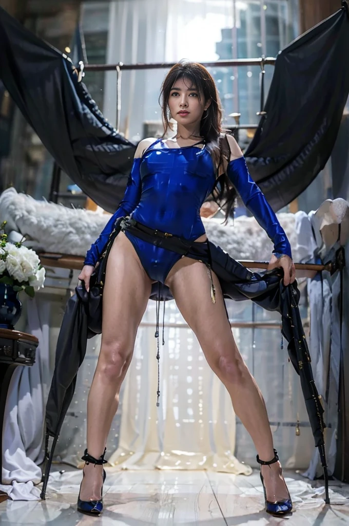 A 30-year-old Asian female gladiator poses for a photo，Tall and sexy，Mature and charming，Lewd exposure ，Sweaty and sweaty，Shiny muscle lines，Large Breasts，Big Ass，Camel toe，Nipple protrusion，Having sparse body hair，NSFW，Release liquid，Wear sexy super high heel boots，The charming and seductive queen holding a big sword