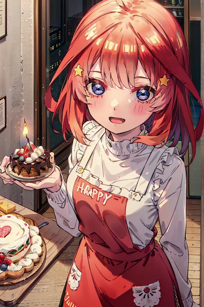 itsukinakano, Itsuki Nakano, bangs, blue eyes, Hair between the eyes, Ahoge, Redhead, star \(symbol\), hair ornaments,happy smile, smile, Open your mouth,cracker, star hair ornaments,Red Tank Top,Long skirt,Black pantyhose,apron,Walking,There is food and a birthday cake on the table,whole bodyがイラストに入るように,
break indoors, room,
break looking at viewer,whole body,
break (masterpiece:1.2), Highest quality, High resolution, unity 8k wallpaper, (figure:0.8), (Beautiful attention to detail:1.6), Highly detailed face, Perfect lighting, Highly detailed CG, (Perfect hands, Perfect Anatomy),