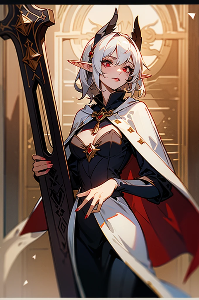 1woman, thirty years old, woman, dark woman, solo, in a medieval tavern with bar, mature, deep red eyes, [Short hair], wavy hair, [White hair], androgyne, elf ears, delicate skin, lipstick, makeup, ghotic, mature female, dark dress with cape, black medieval dress, masterpiece, best quality, 8K, luth instrument