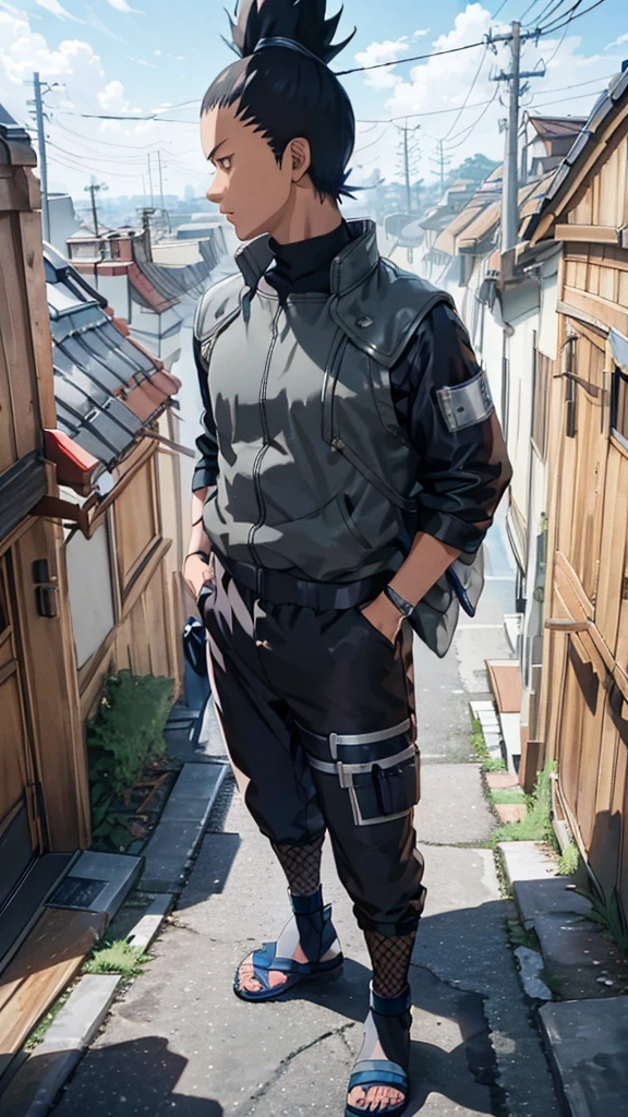 In the manga series "NARUTO" a man named "Sikamaru" with his trademark hairstyle tied back, is STANDING TIGHT on top of a TALL CITY TOWER and WHILE holding a long katana. The character wears a gray jacket with rolled up sleeves, a mesh undershirt, and dark pants. There are blue details on the jacket, including a circular Konaha symbol on the left sleeve. The shoes worn are similar to open-toed sandals. with 4k HDR quality, with a black shadow effect in the background that forms a large hand,