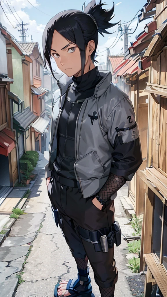 In the manga series "NARUTO" a man named "Sikamaru" with his trademark hairstyle tied back, is STANDING TIGHT on top of a TALL CITY TOWER and WHILE holding a long katana. The character wears a gray jacket with rolled up sleeves, a mesh undershirt, and dark pants. There are blue details on the jacket, including a circular Konaha symbol on the left sleeve. The shoes worn are similar to open-toed sandals. with 4k HDR quality, with a black shadow effect in the background that forms a large hand,